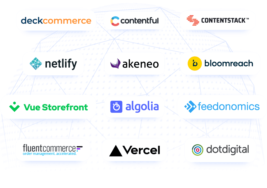 Illustration Økosystempartnere Globe Deckcommerce Indholdsfuld Contentstack Netlify Akeneo